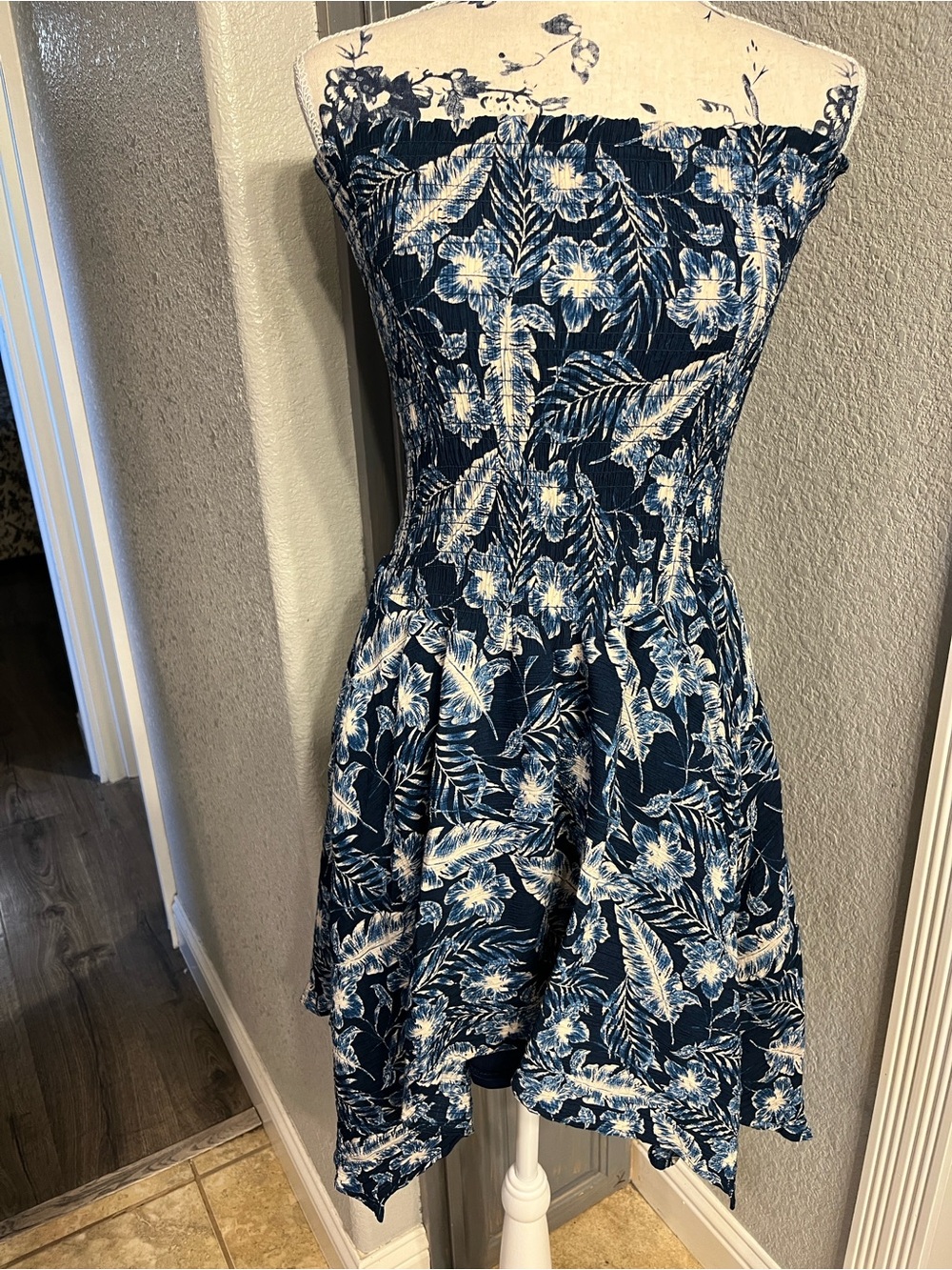 Strapless Navy Blue Tropical Floral Smocked Mini Dress